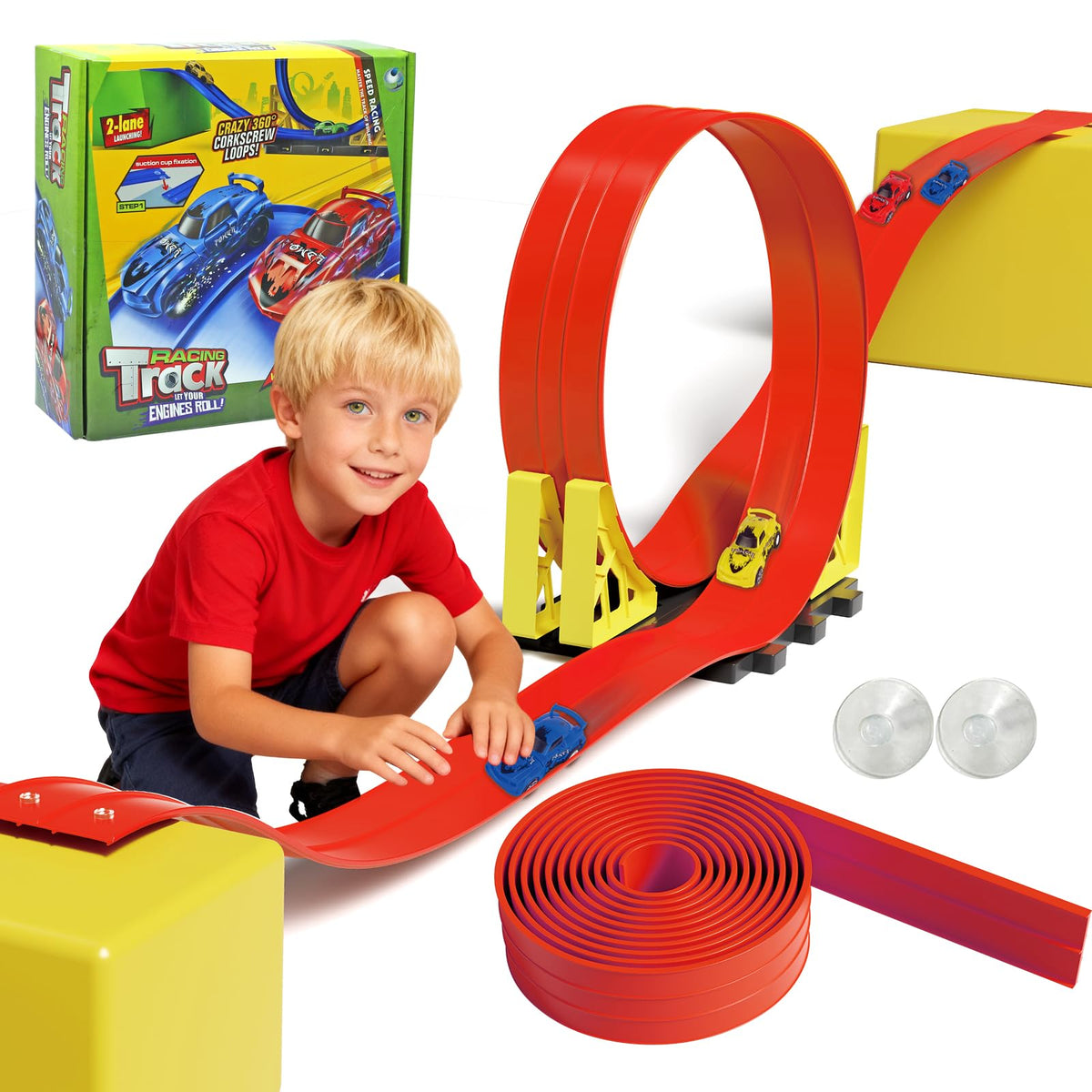 Snidov 20ft track with suction cups on a glass surface for instant racing setup.