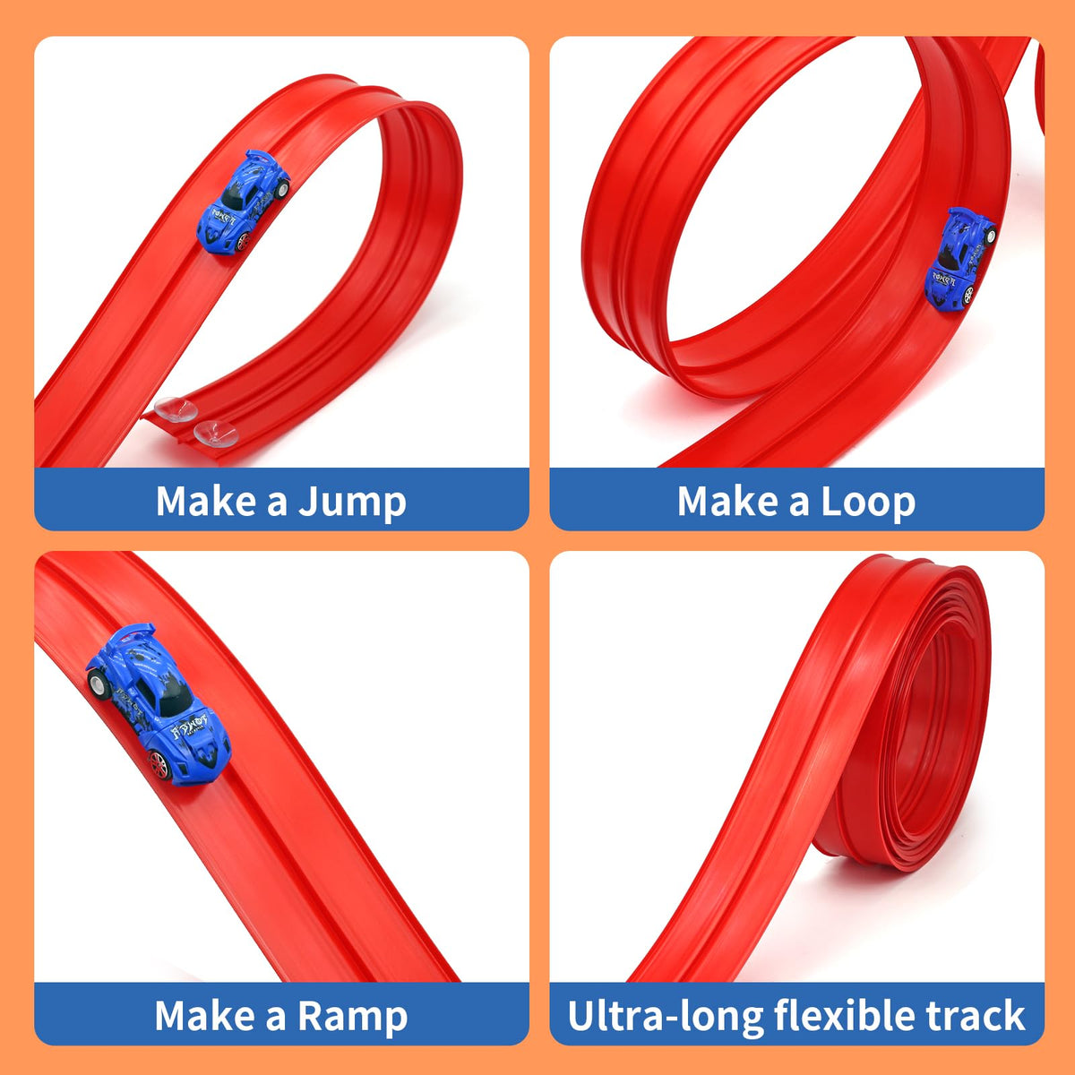 Customizable loops and curves allowing creative layouts for 1/64 cars.