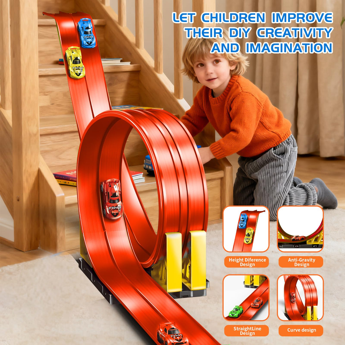 Indoor and outdoor raceway setup on a smooth table or patio.