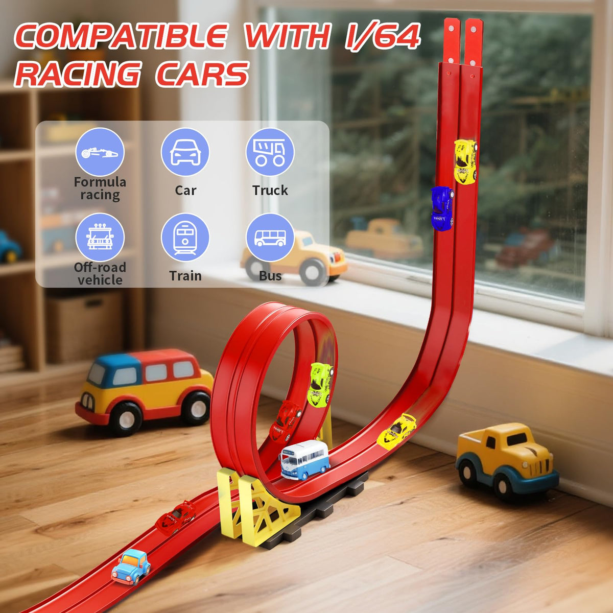 Roll-up storage showcas­ing compact track after play.