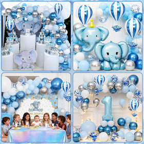 SNLN blue balloon garland with tablecloth completes the look