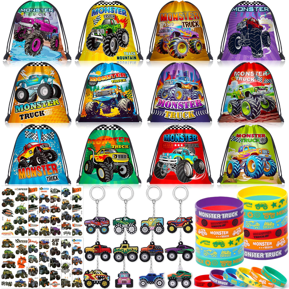 SNLN Monster Truck drawstring bag shown as a durable party favor organizer for kids.