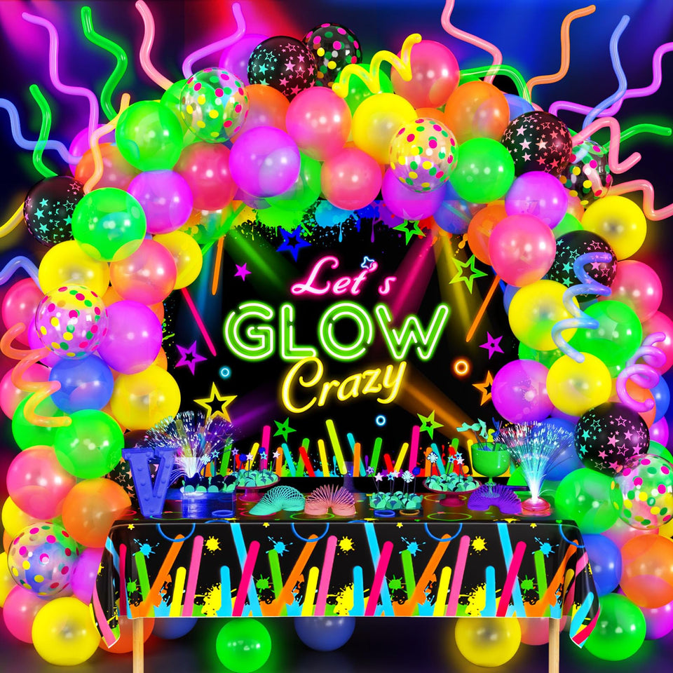 SNLN neon party decorations setup for a vibrant glow under blacklight