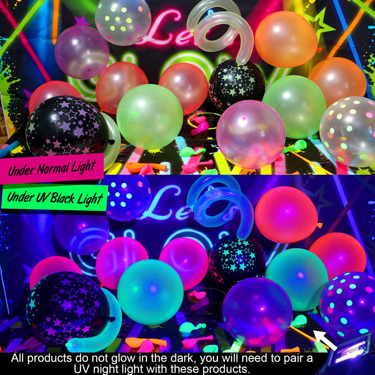 SNLN neon tablecloth and backdrop glow under UV lights