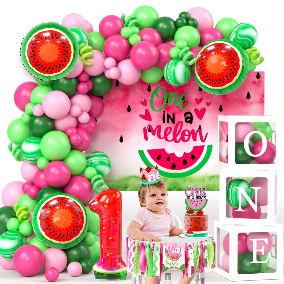 SNLN One In A Melon balloon boxes create a festive first birthday centerpiece.