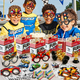 SNLN paper glasses with racecar motif for stylish, kid-friendly party favors