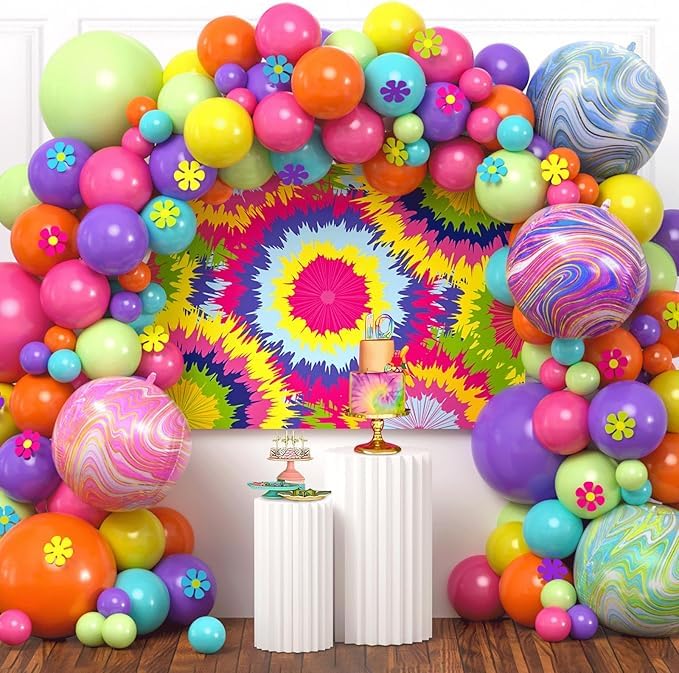 SNLN Tie Dye Balloon Arch Backdrop enhances color-rich party decor and photo-worthy moments.
