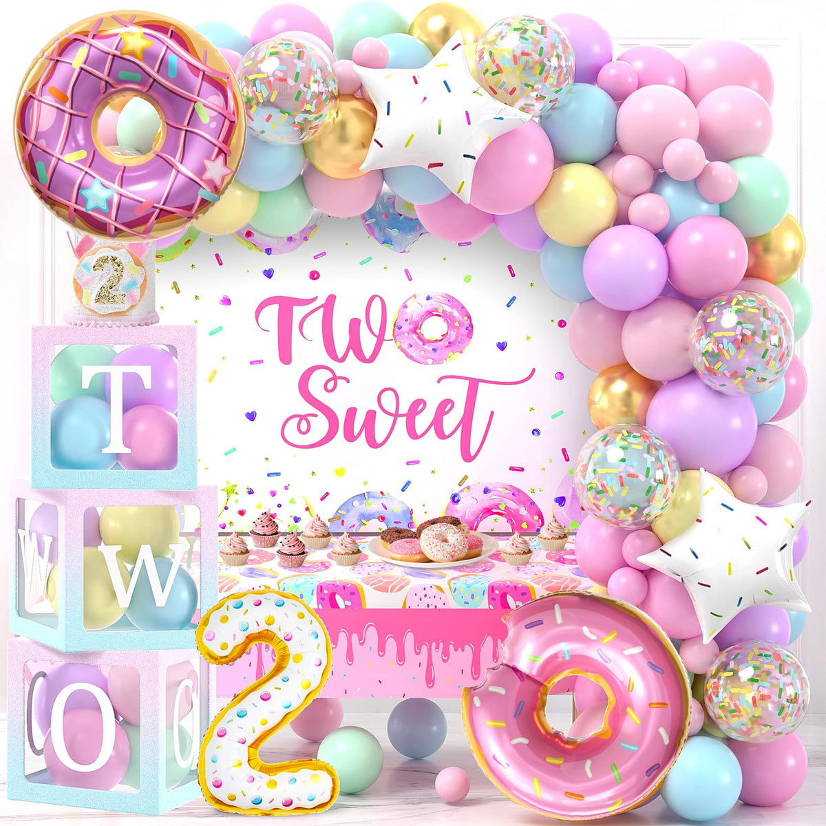 SNLN Two Sweet birthday arch in pastel colors creates a dreamy photo backdrop.