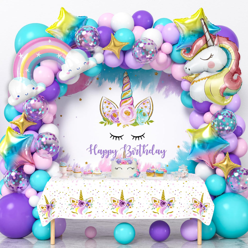 SNLN unicorn birthday arch with balloons creates a magical party backdrop