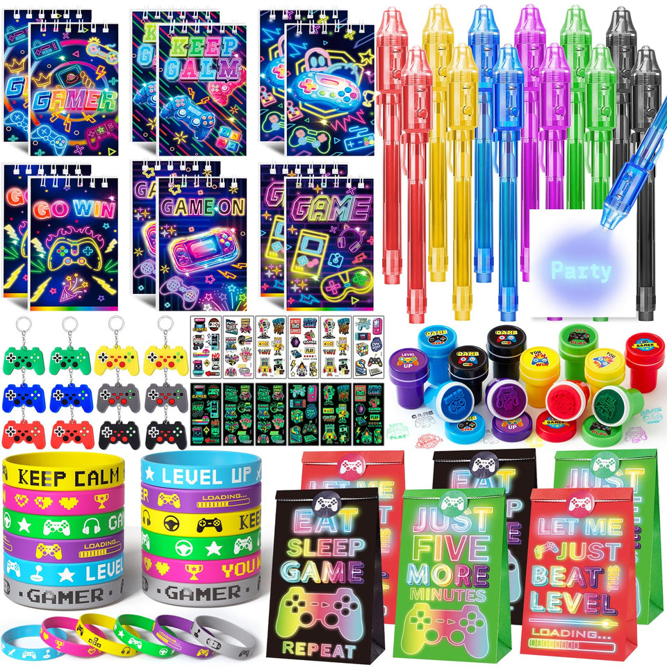 SNLN video game notebooks showcase vibrant designs for gamer party favors.