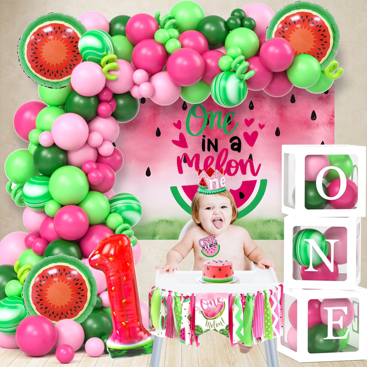 SNLN Watermelon foil balloons highlight a vibrant arch for celebrations.