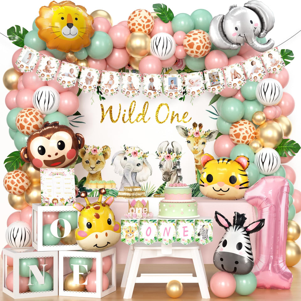 SNLN Wild One backdrop creates a vibrant jungle birthday scene.