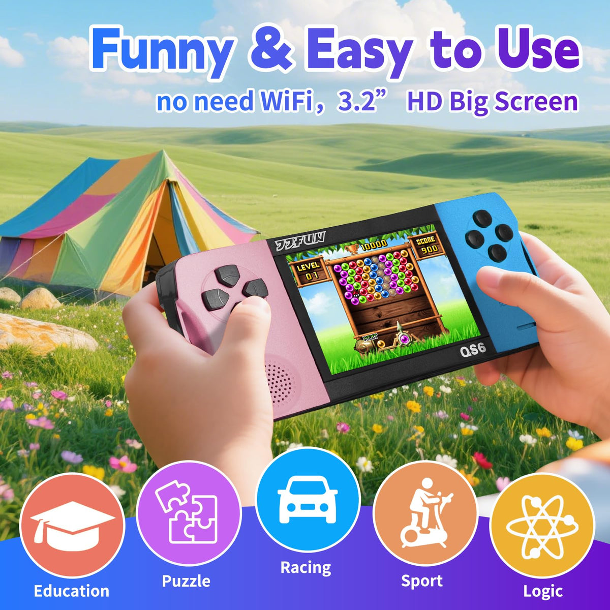 SNONBROS 216-game library on a kid-friendly handheld.