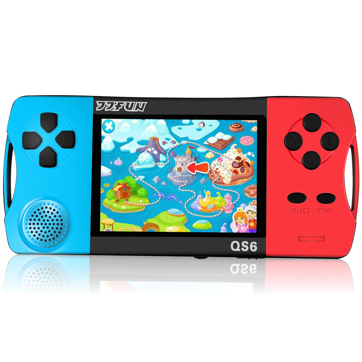 SNONBROS handheld console front view in blue-red, ideal for travel.