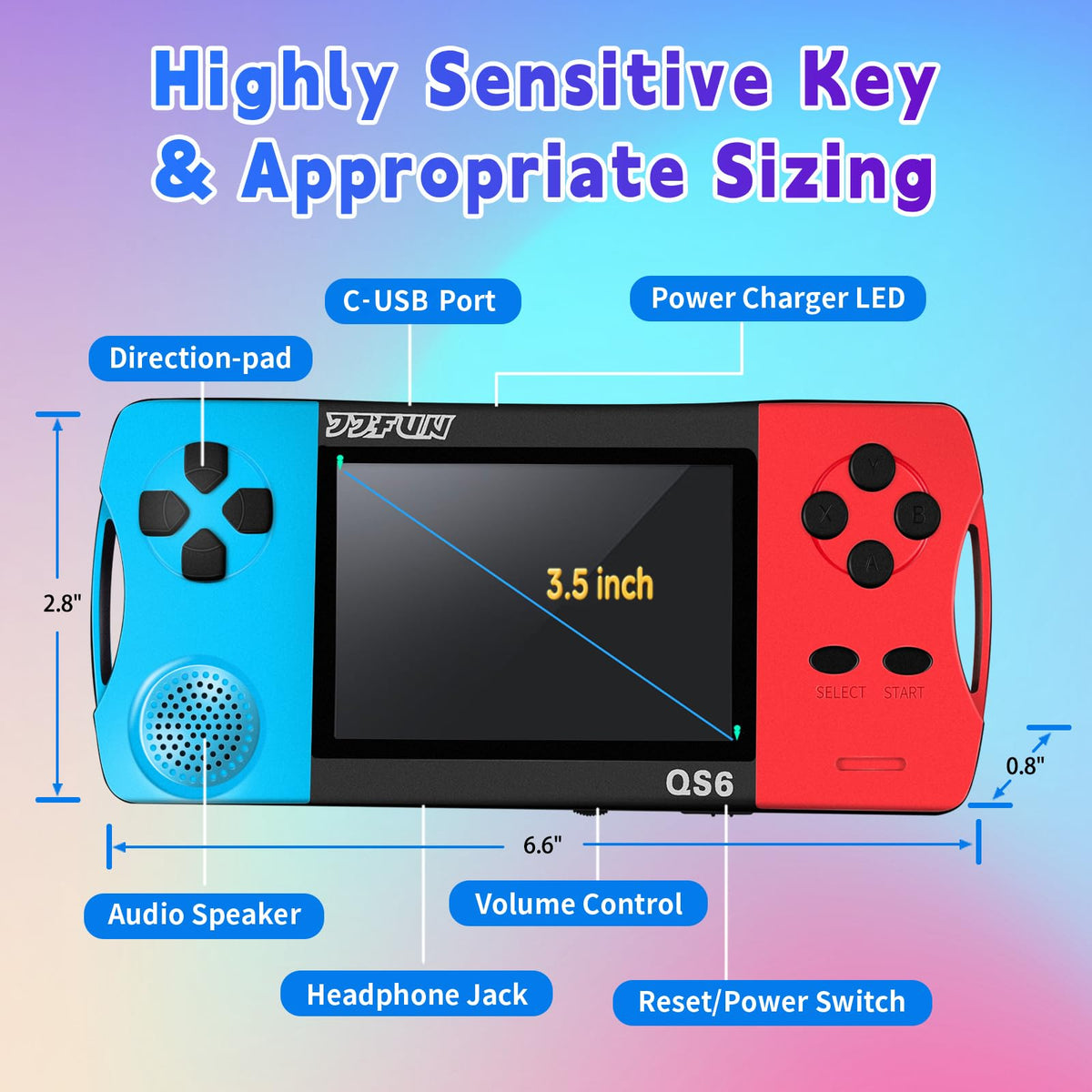 SNONBROS handheld console side view, compact portable design.