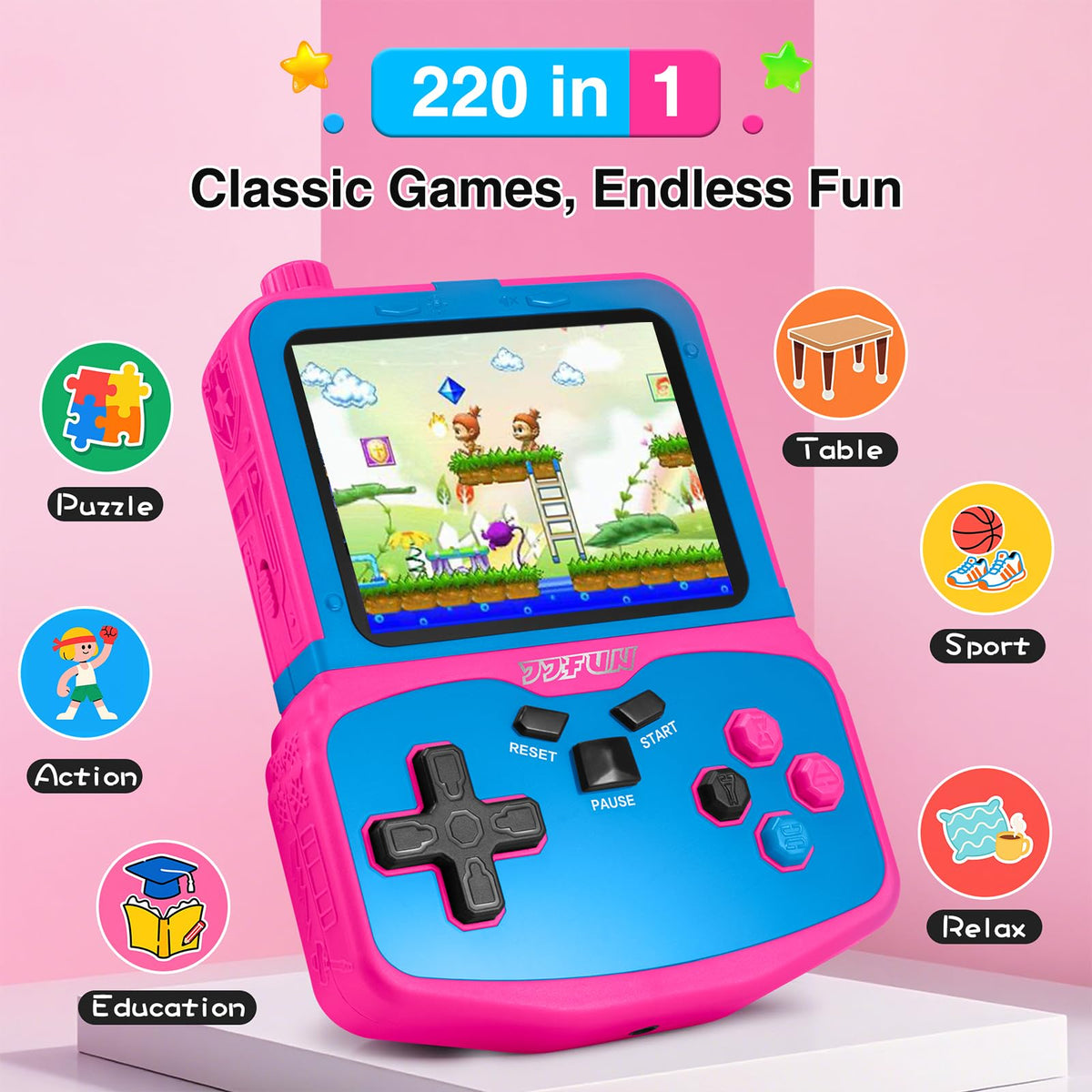 SNONBROS rose red handheld console side view highlighting compact design for travel.