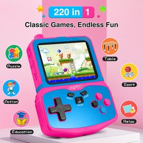 SNONBROS rose red handheld console side view highlighting compact design for travel.