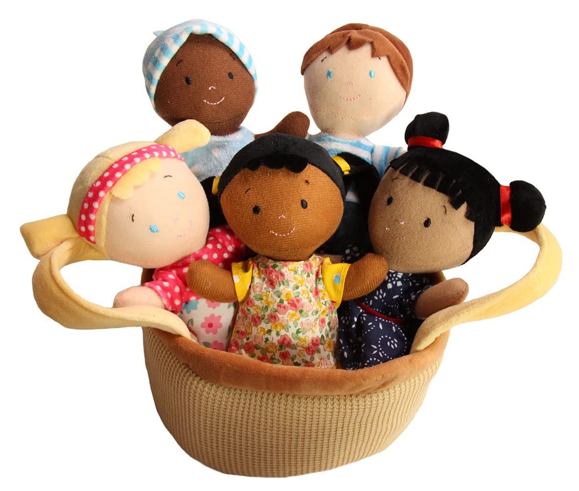 Snuggle Stuffs Basket of Buddies dolls in a basket encourage inclusive playtime for toddlers.