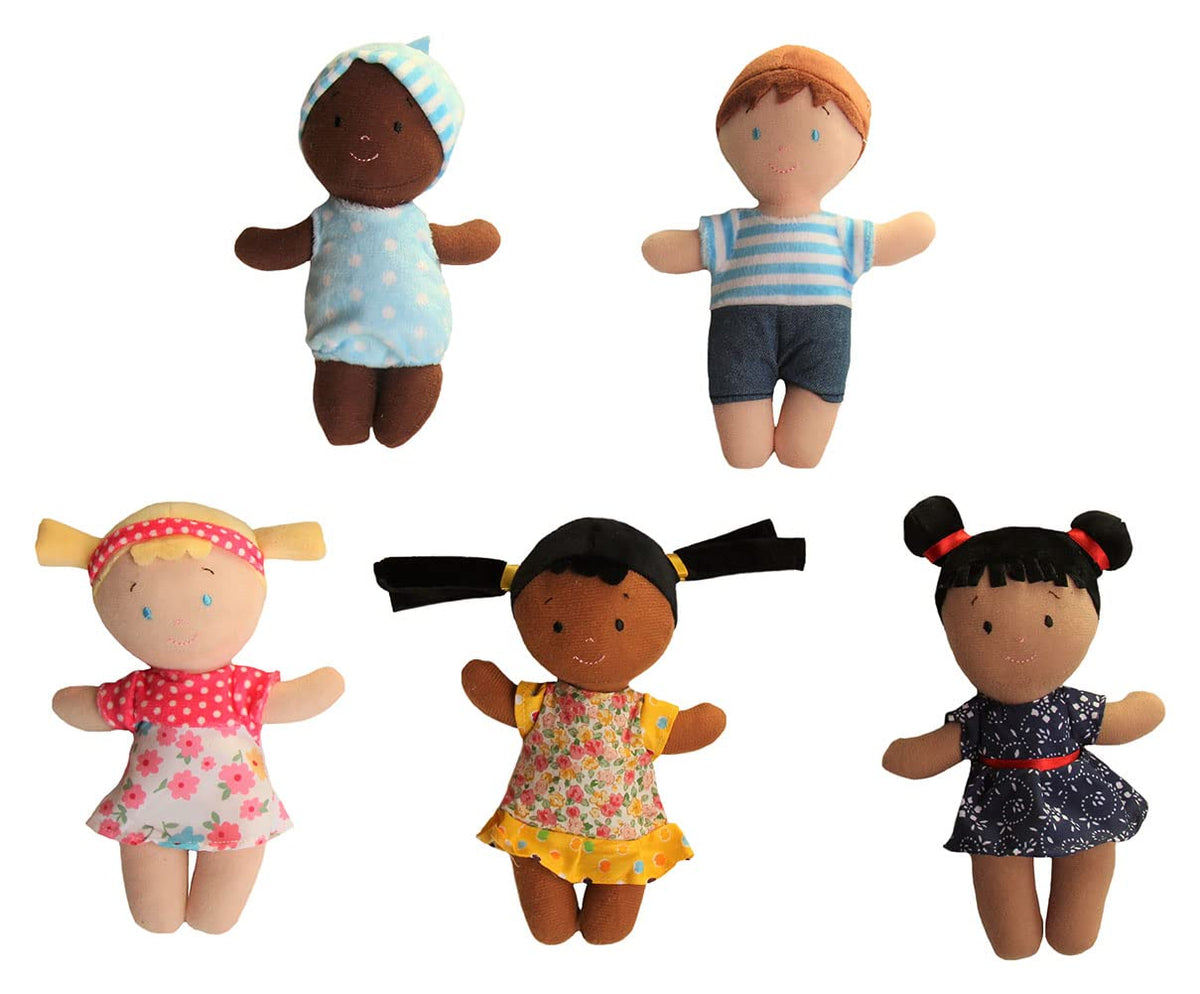 Snuggle Stuffs soft dolls in colorful outfits inspire imaginative dress-up play.