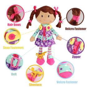 Sugar Snap doll with buttons and snaps supports early dressing skills.