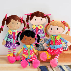 Snuggle Stuffs Sugar Snap shoe tying activity builds dexterity.