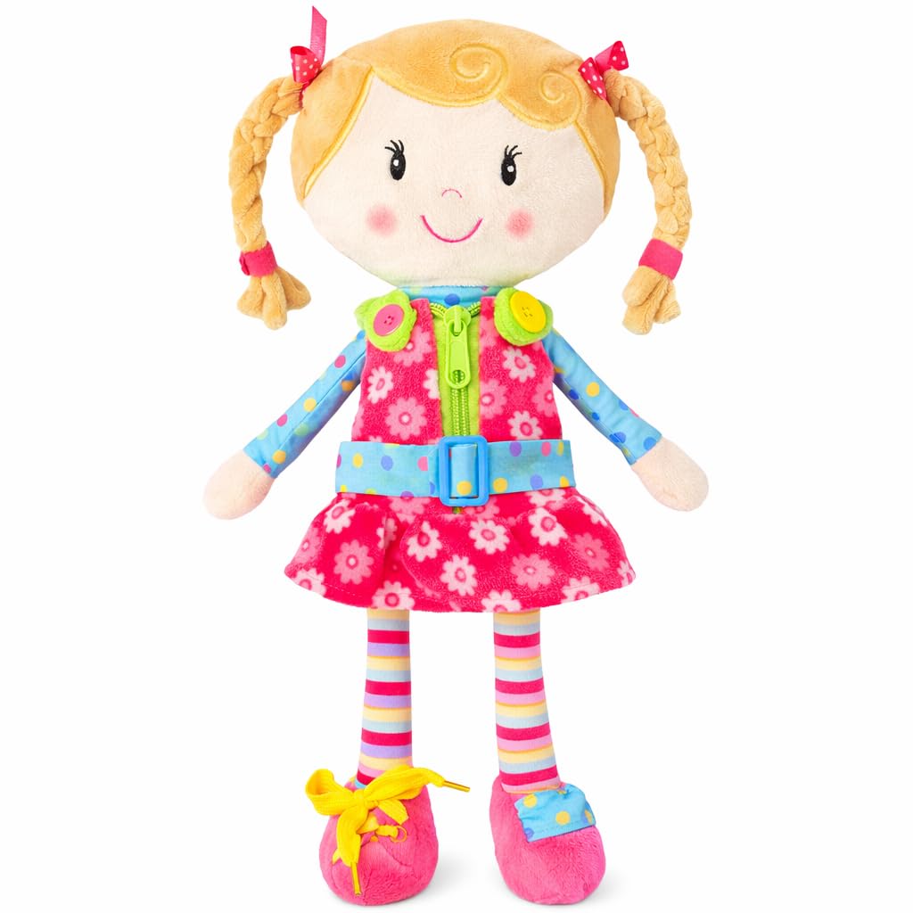 Snuggle Stuffs Sugar Snap doll demonstrates zipper practice for toddlers.