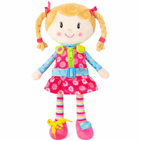 Snuggle Stuffs Sugar Snap doll demonstrates zipper practice for toddlers.