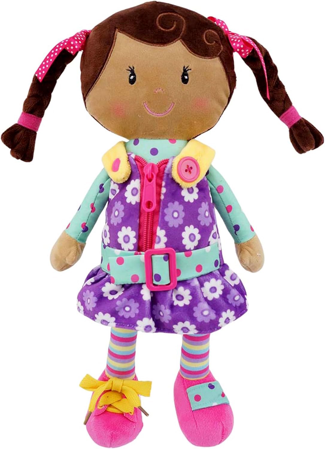Snuggle Stuffs Sugar Snap doll with zippers for fine motor practice.