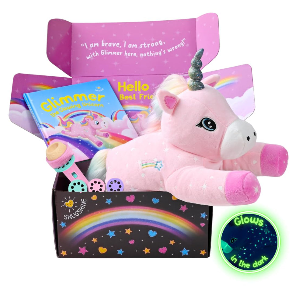 SNUGSHINE glow-in-the-dark unicorn plush glows softly for bedtime comfort.