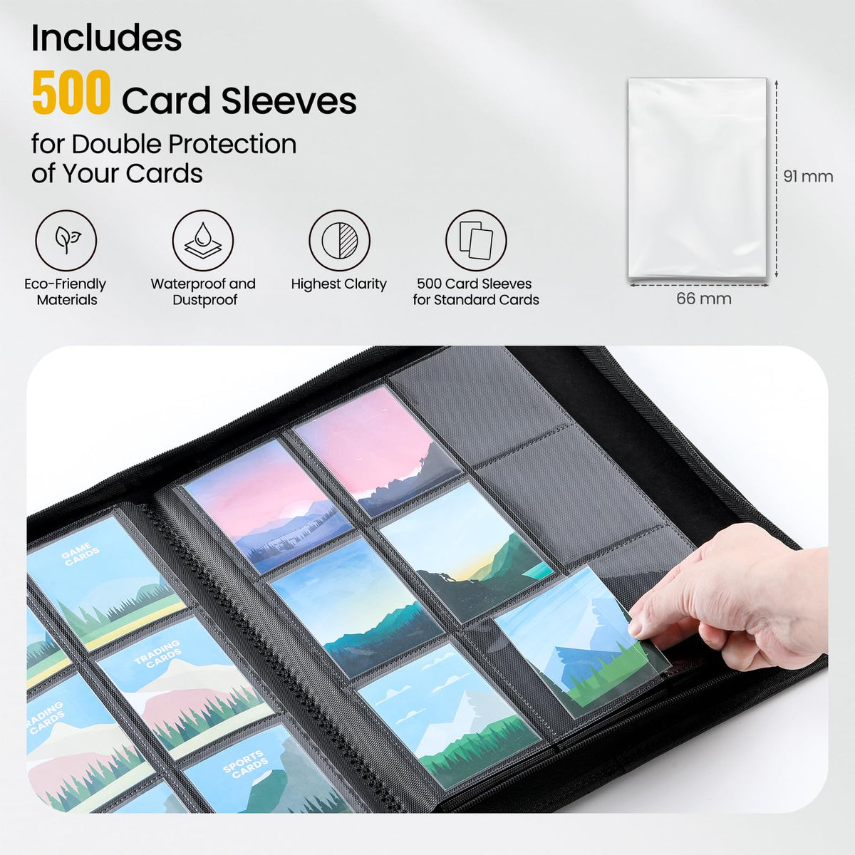 Snuvid 500 sleeves included for immediate card protection and organization