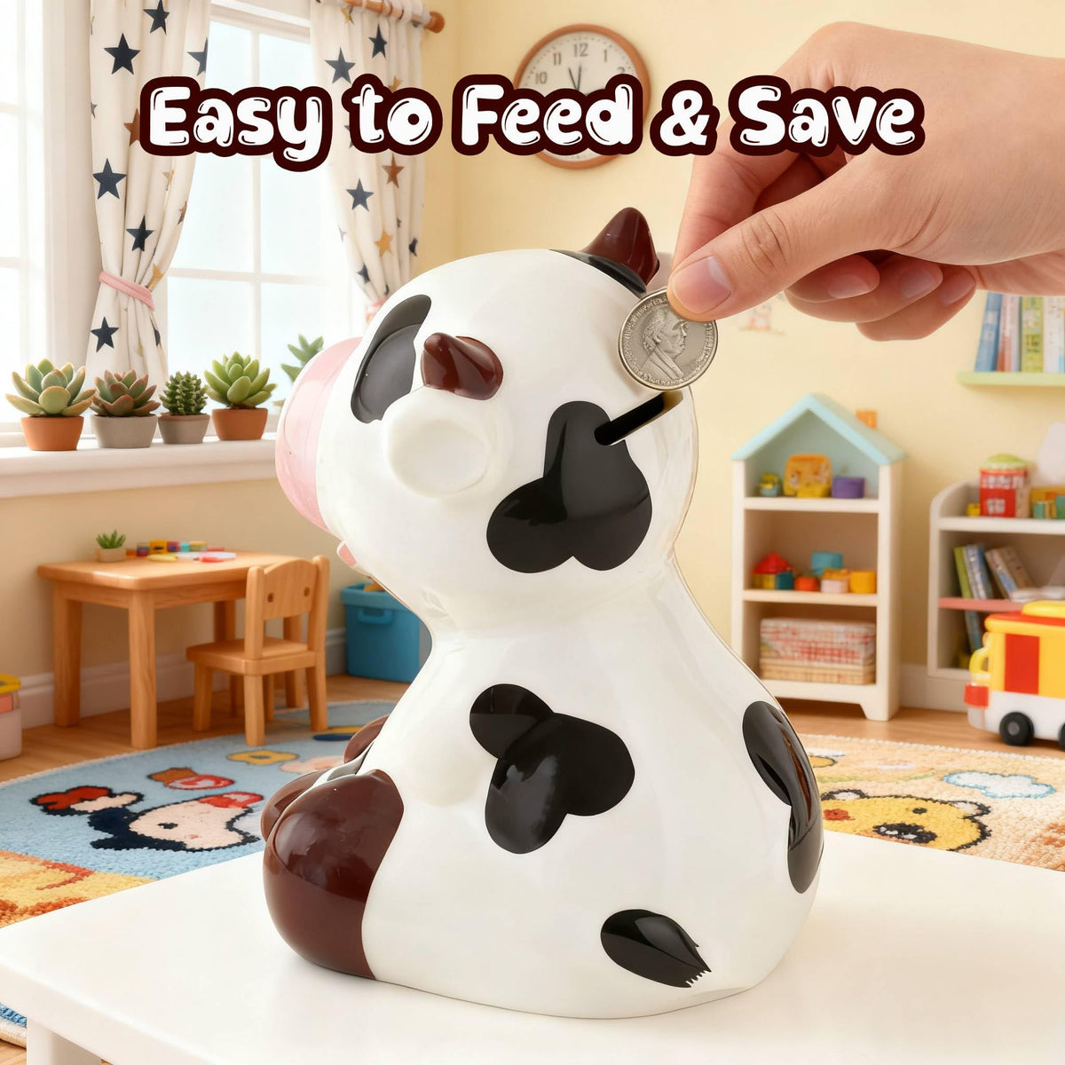 Sobeit dairy cow piggy bank back view with glossy ceramic finish