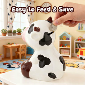 Sobeit dairy cow piggy bank back view with glossy ceramic finish
