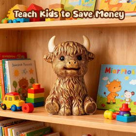 SOBEIT Highland Cow piggy bank back view as decorative piece