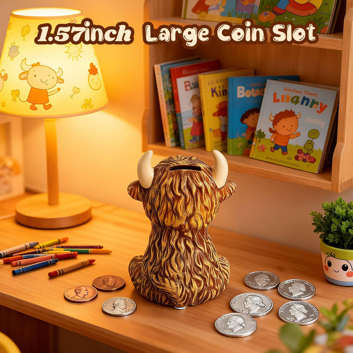 SOBEIT Highland Cow piggy bank eyes detail with warm expression