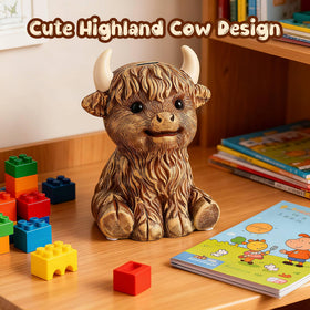 SOBEIT Highland Cow piggy bank side view with rustic ceramic texture