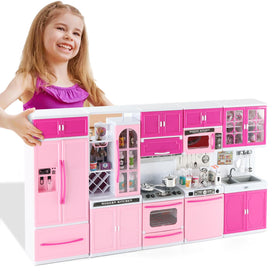 SOCBTNSO 64-piece pink kitchen playset with lights enhances imaginative pretend cooking.