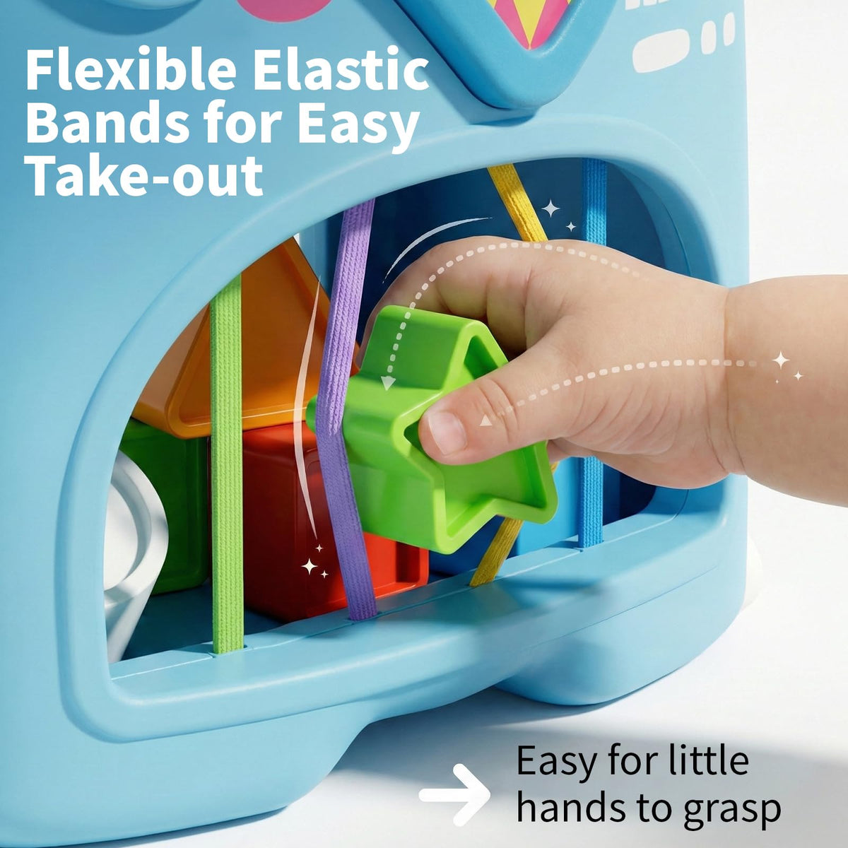 Elastic rope window allows easy block retrieval and repeat play.