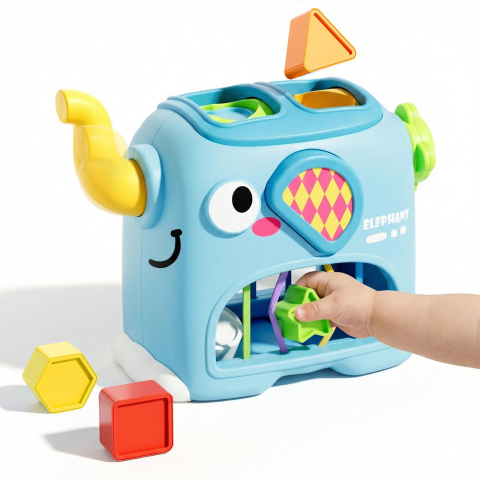 SOCBTNSO elephant shape sorter main view invites exploration and early learning.