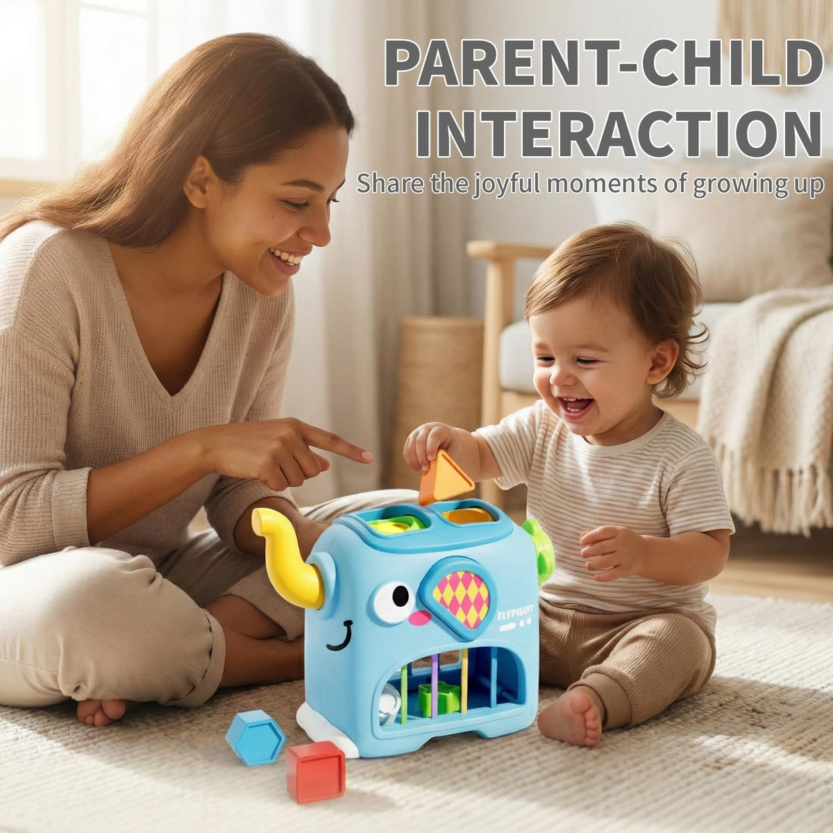 Bright elephant design captures attention for parent-child learning moments.