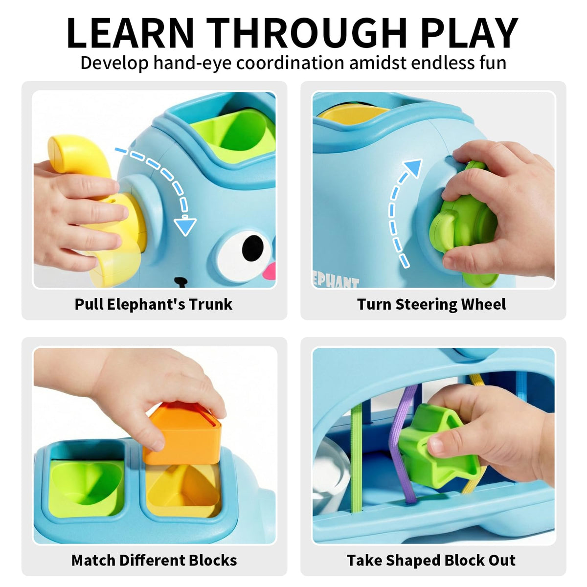 SOCBTNSO elephant sorter trunk manipulation supports fine motor skill practice.