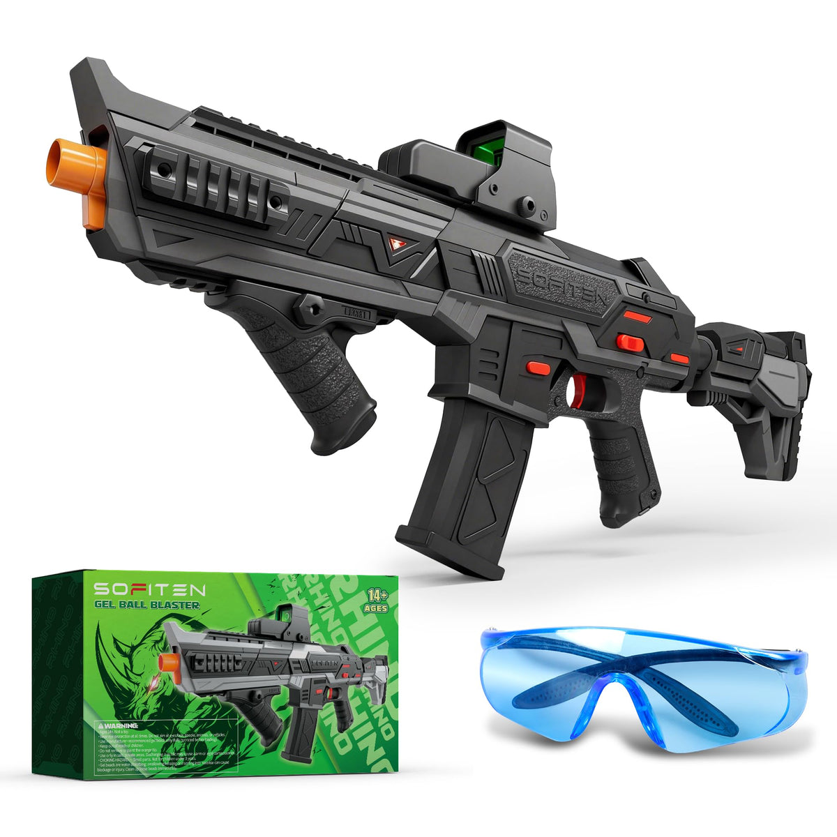 SOFITEN gel ball blaster battery display shows power level for uninterrupted play