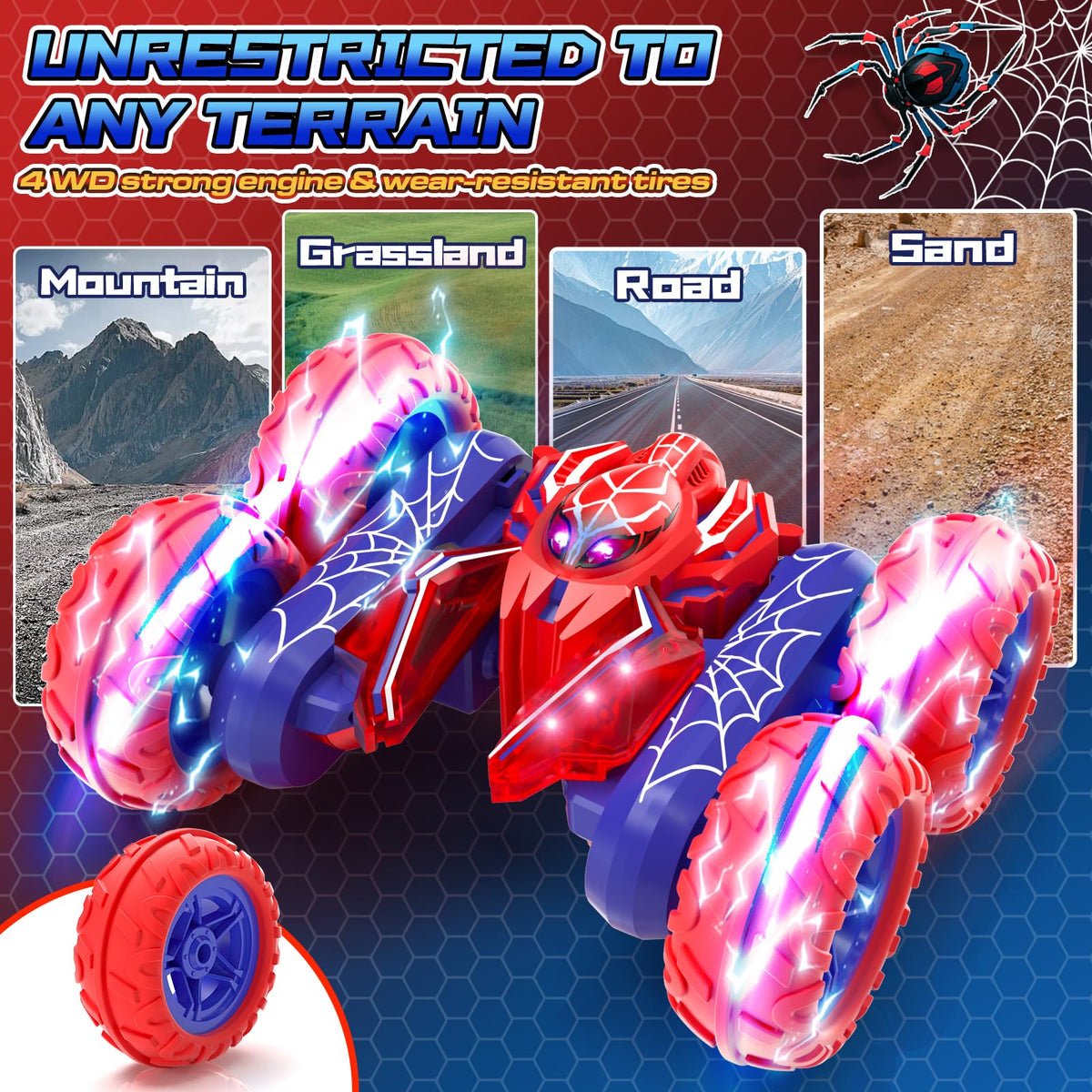 SOGAWEBB Spider RC car uses 2.4GHz remote for smooth, interference-free racing.