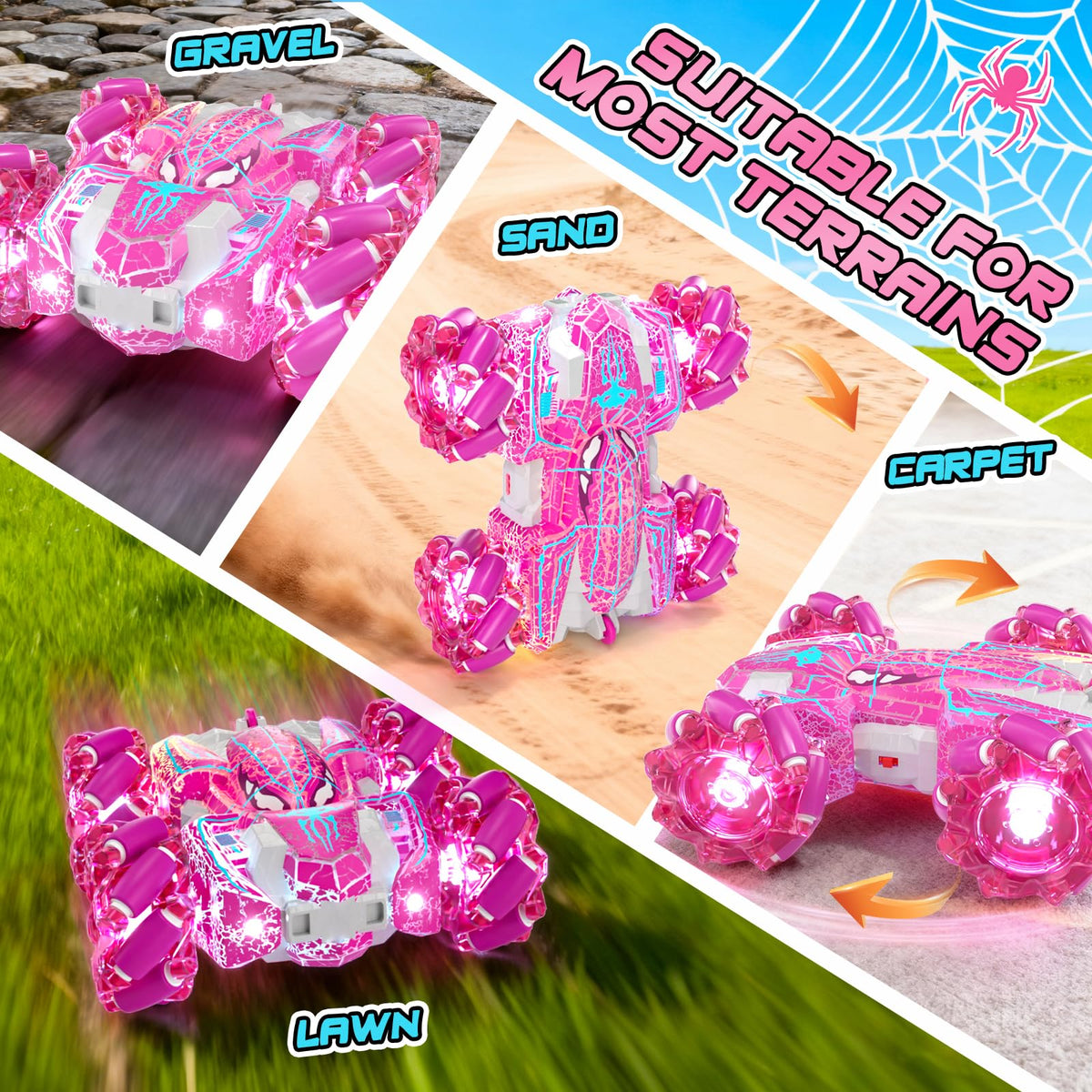 SOGAWEBB Spider RC Car 4WD tires deliver strong grip on varied surfaces.