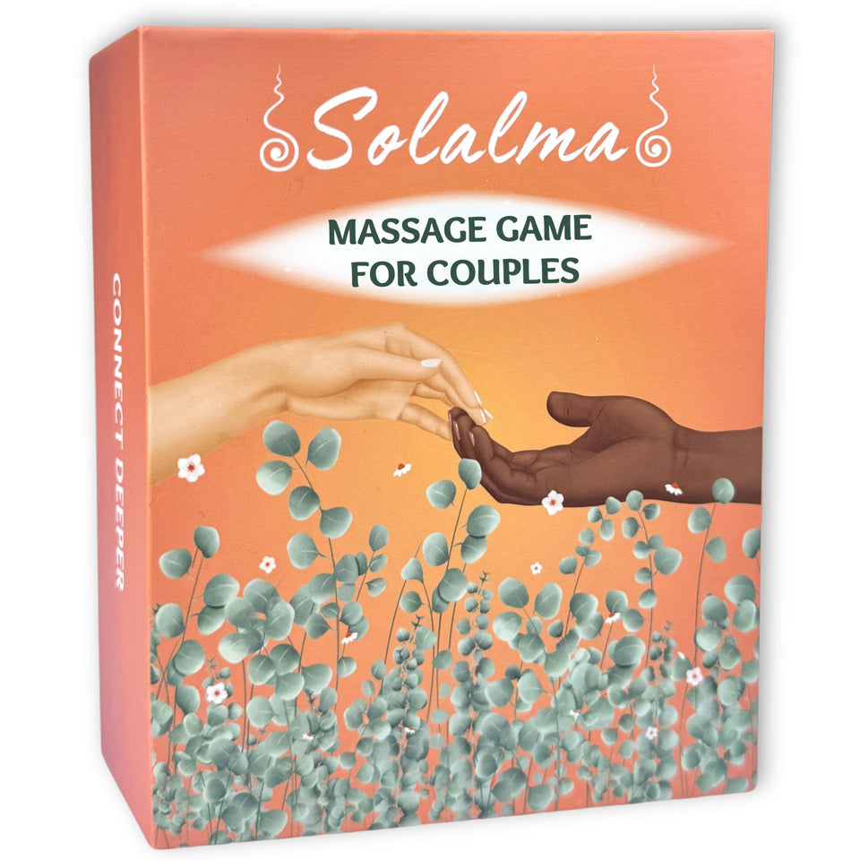 Solalma massage game cards laid out on table for mindful date night ideas