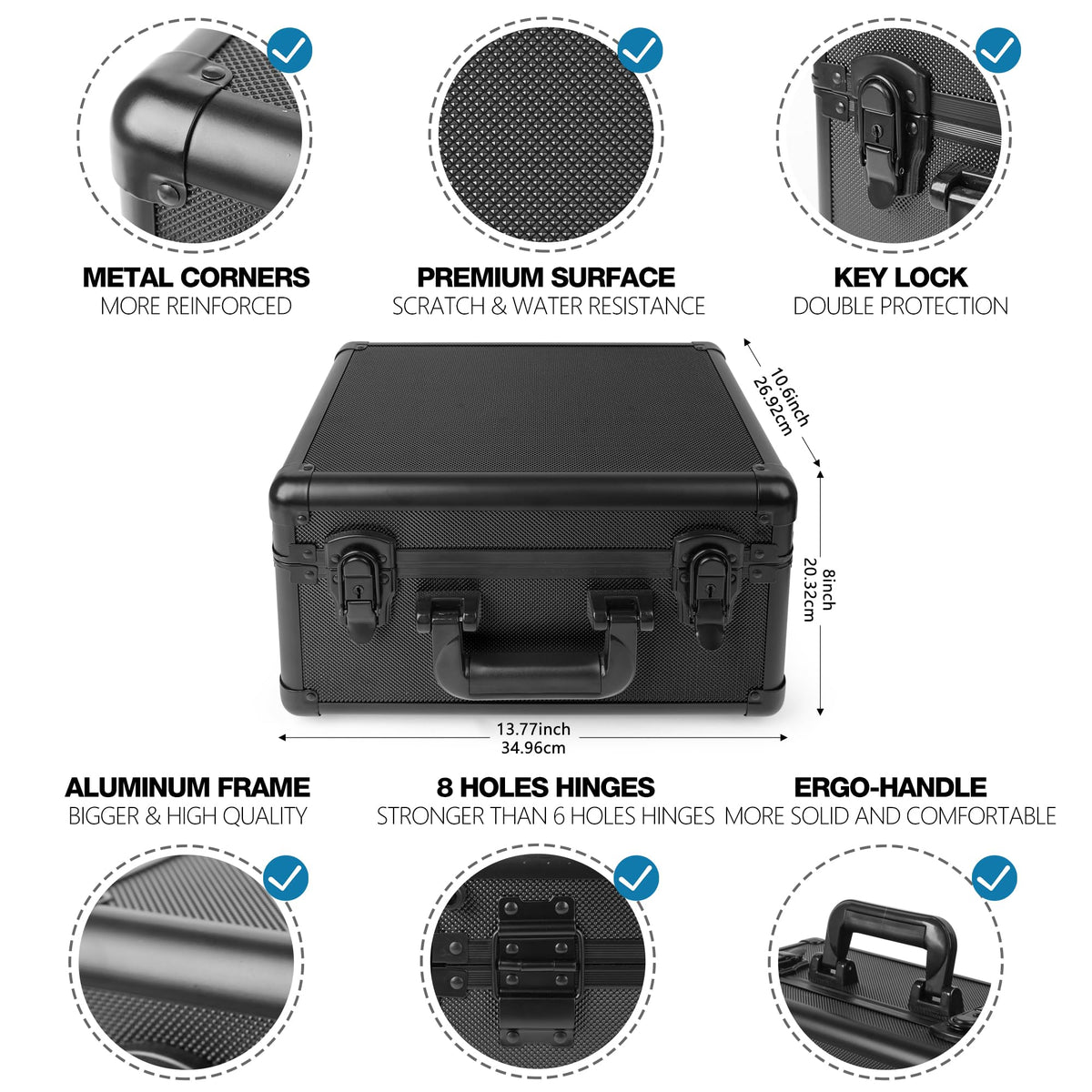 SolidCase rugged aluminum frame with reinforced corners for travel storage.
