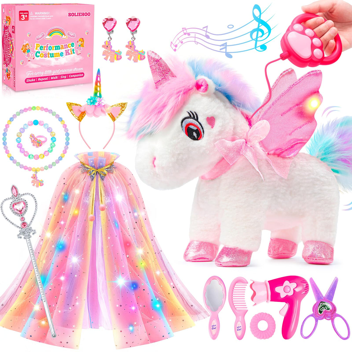 SOLIEHOO unicorn toy with walking remote for interactive play and storytelling.