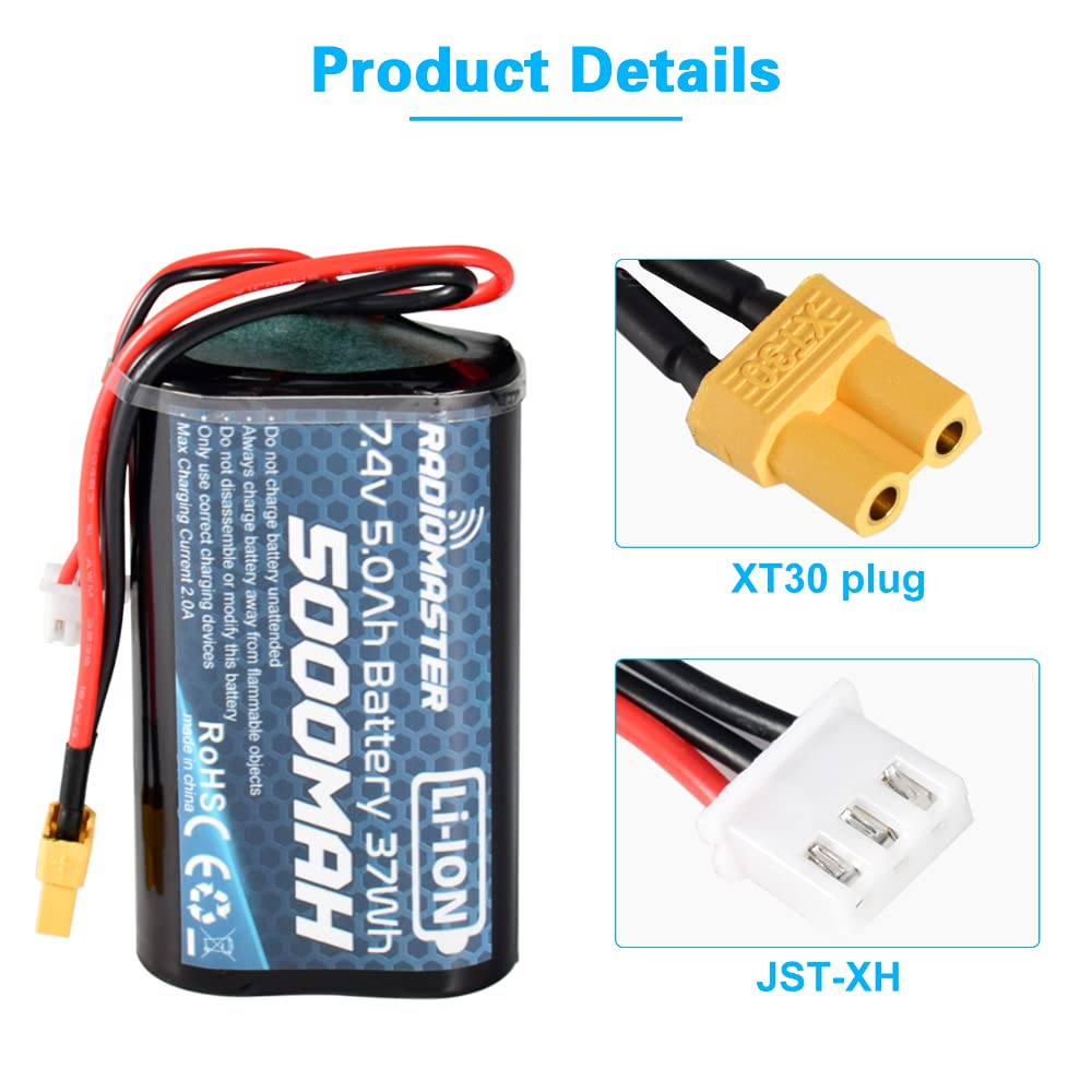 XT30 plug close-up on Radiomaster battery for TX16S.