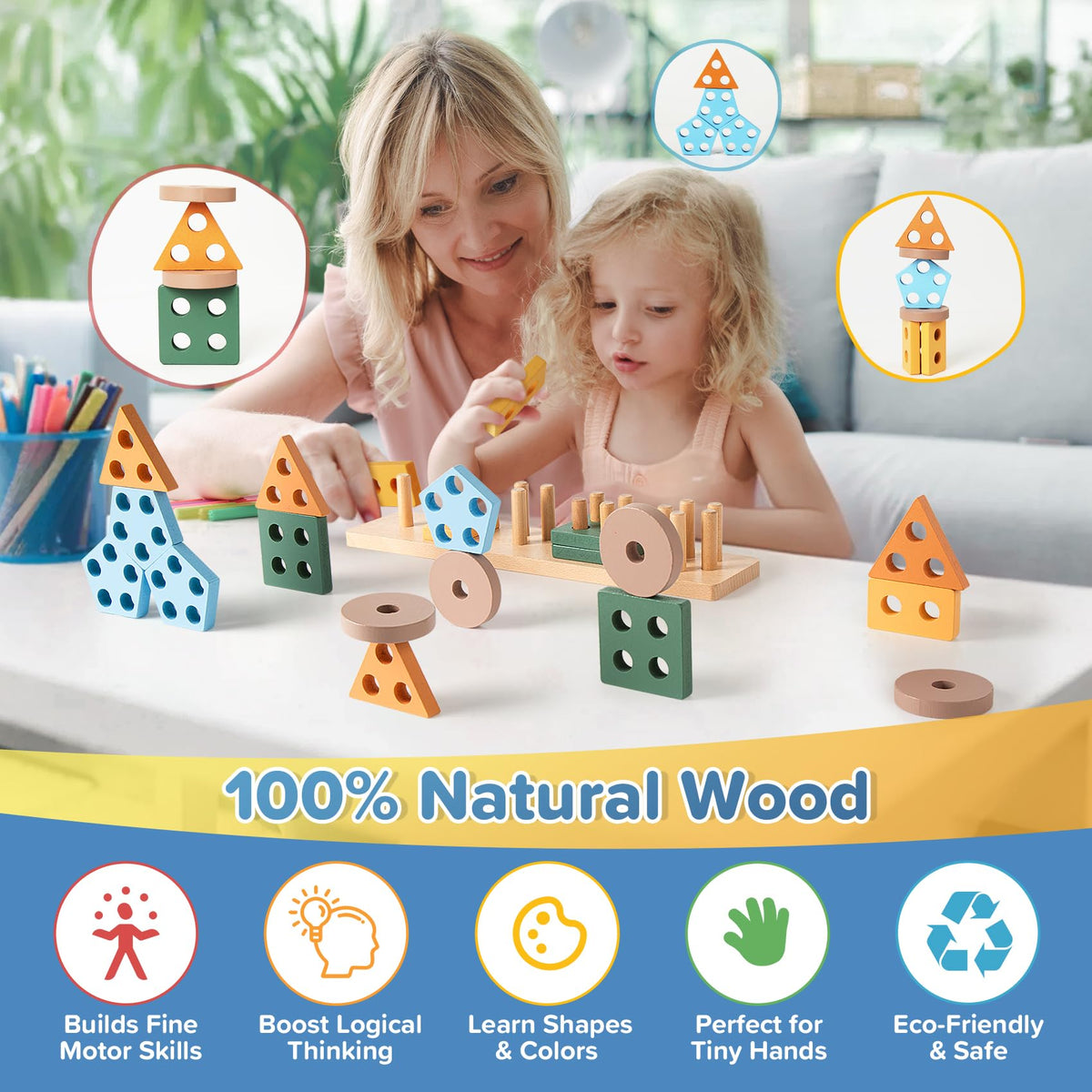 Somastung stacking rings and blocks set supports color, shape, and problem-solving play