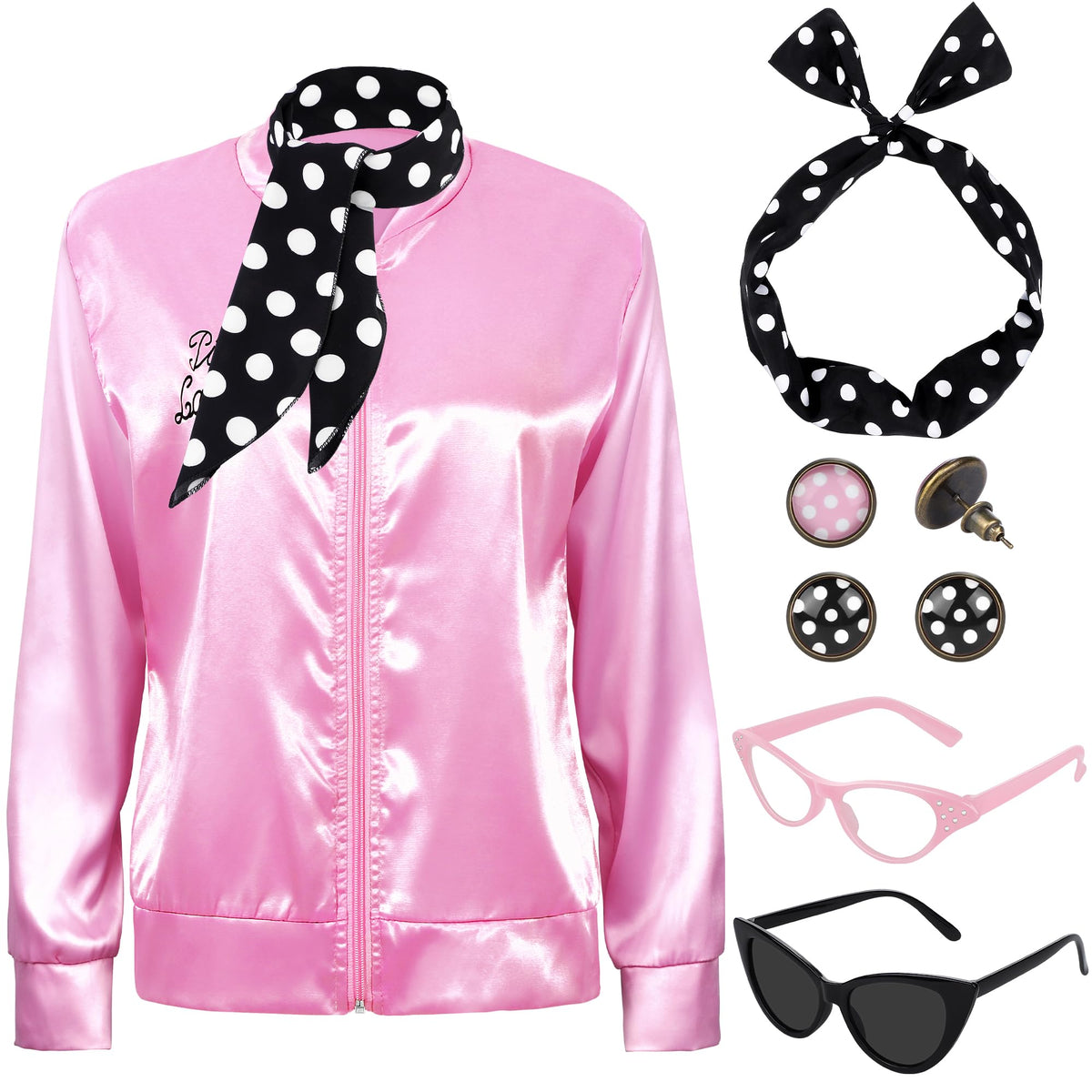 SOMSOC 1950s pink satin jacket shown for retro party styling and comfort.