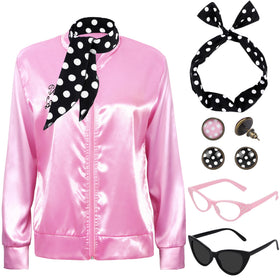SOMSOC 1950s pink satin jacket shown for retro party styling and comfort.